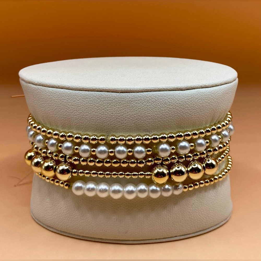 Gold (14K) Filled & Pearl Bracelet Stacks;  Set of 5; Sweat & waterproof.